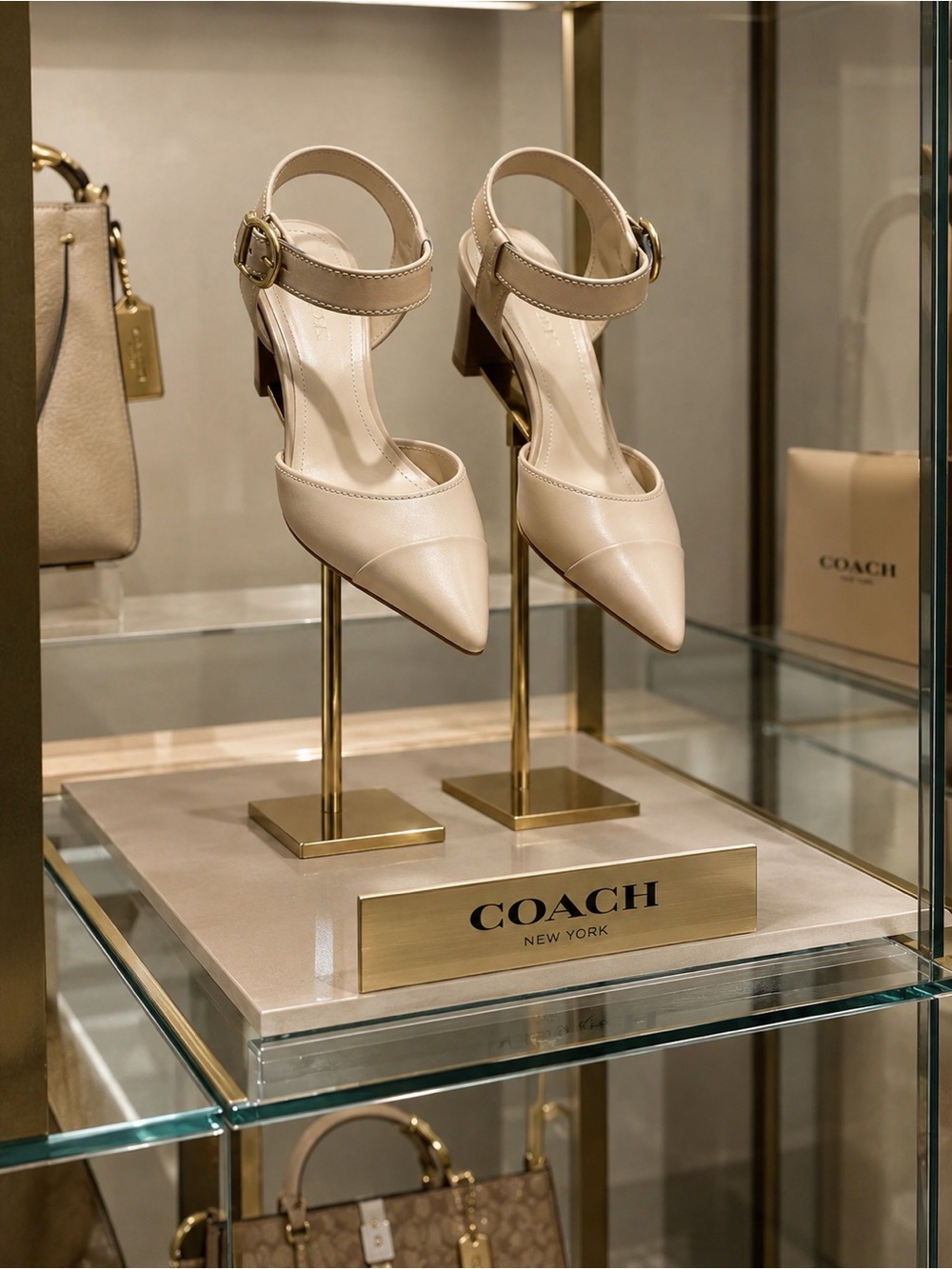 Coach Beige Pointed-Toe Ankle-Strap Pumps